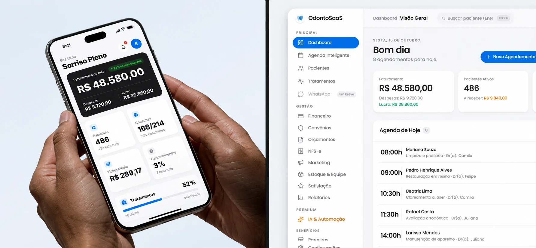 App do OdontoSaaS no iPhone e painel da clínica no computador