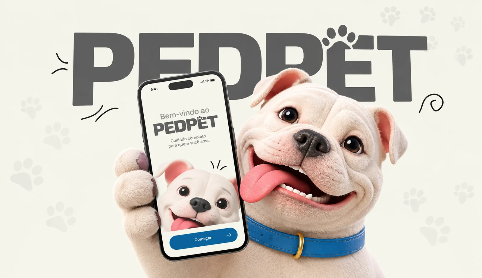 Mascote do PEDPET segurando o celular com o app